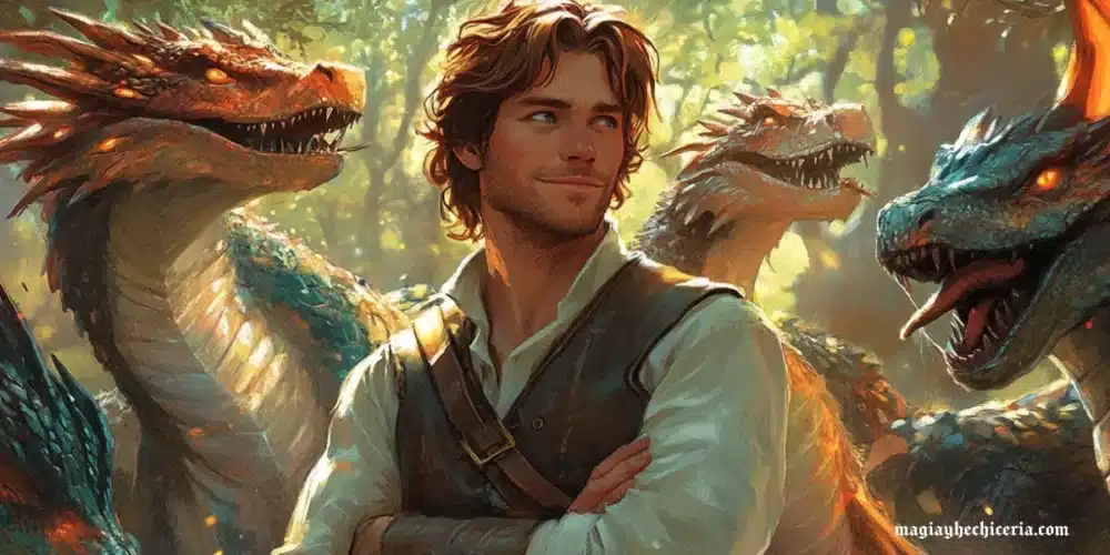 Charlie Weasley rodeado de dragones en una reserva mágica en Rumania
