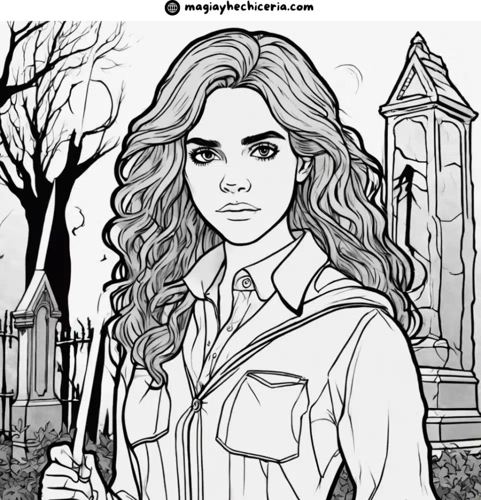 hermione bruja en un cementerio para colorear halloween
