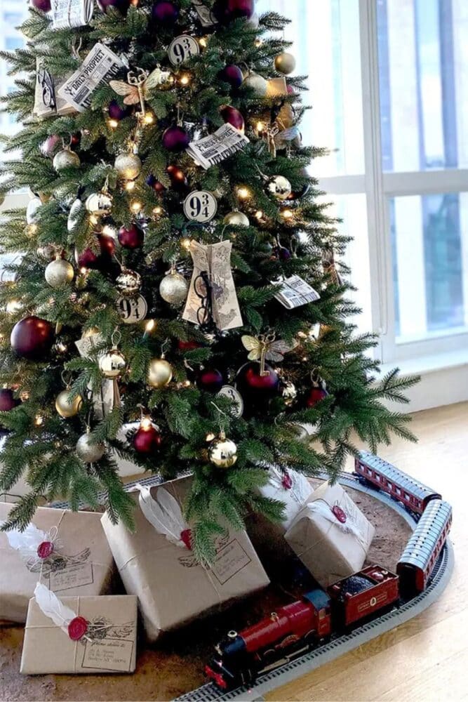 arbol navideno harry potter con tren y cartas