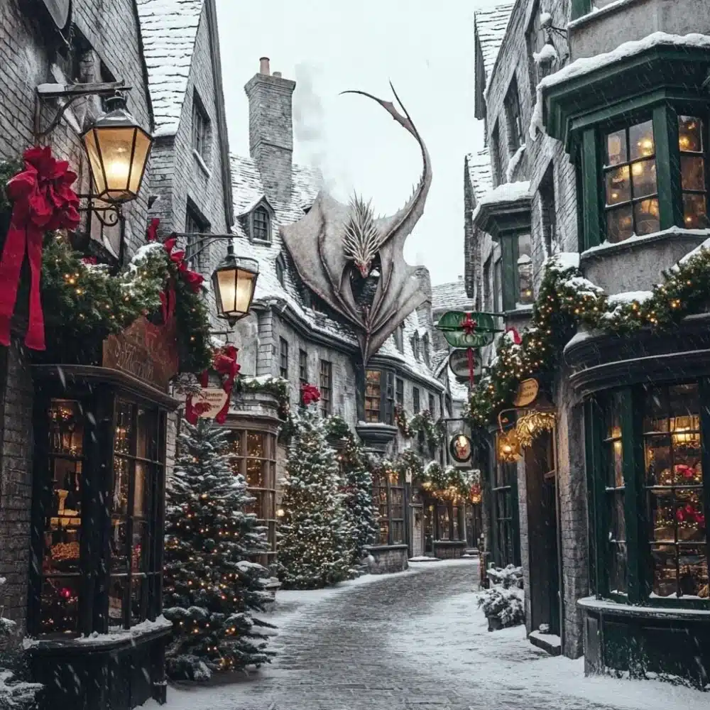 Diagon Halley del mundo magico de Harry Potter decorado para Navidad