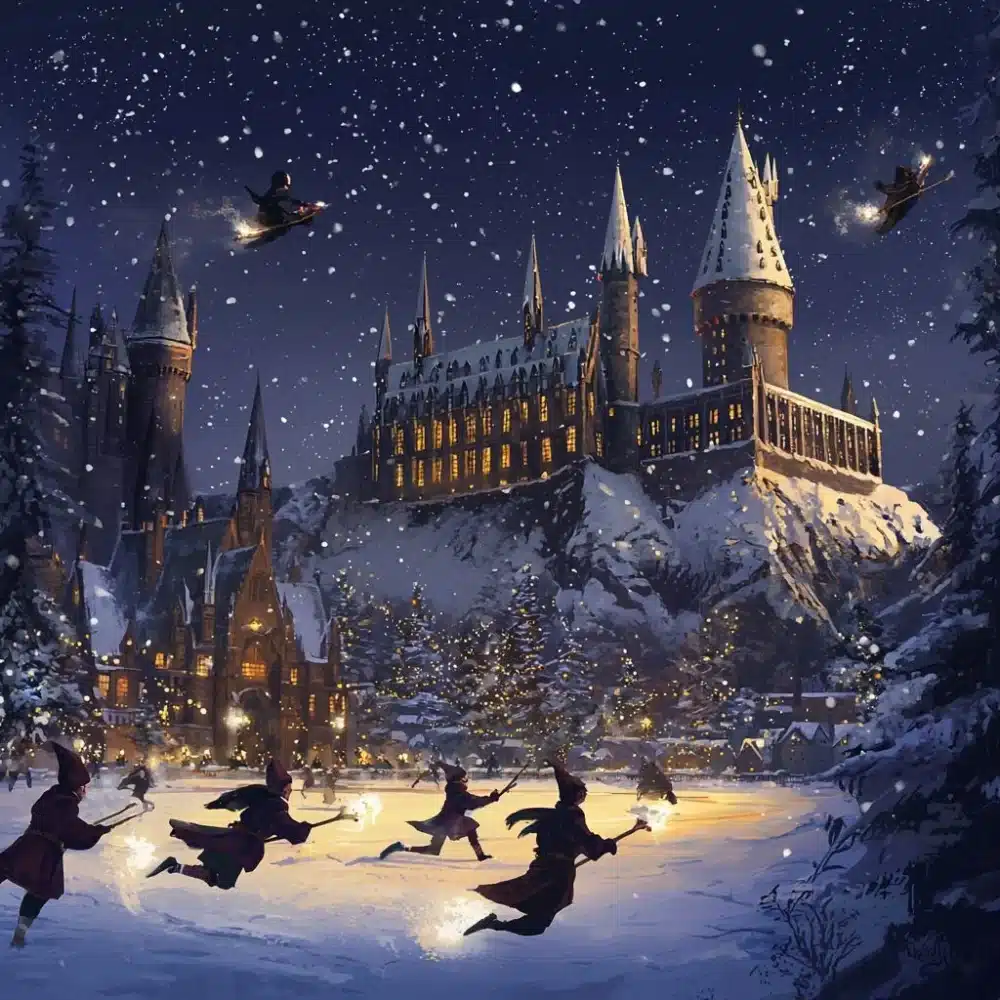 Escena magica de invierno en Hogwarts