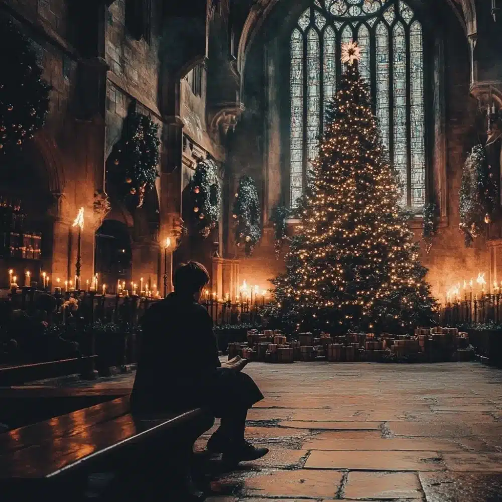 Harry Potter con el arbol de navidad gigante en el comedor de Hogwarts