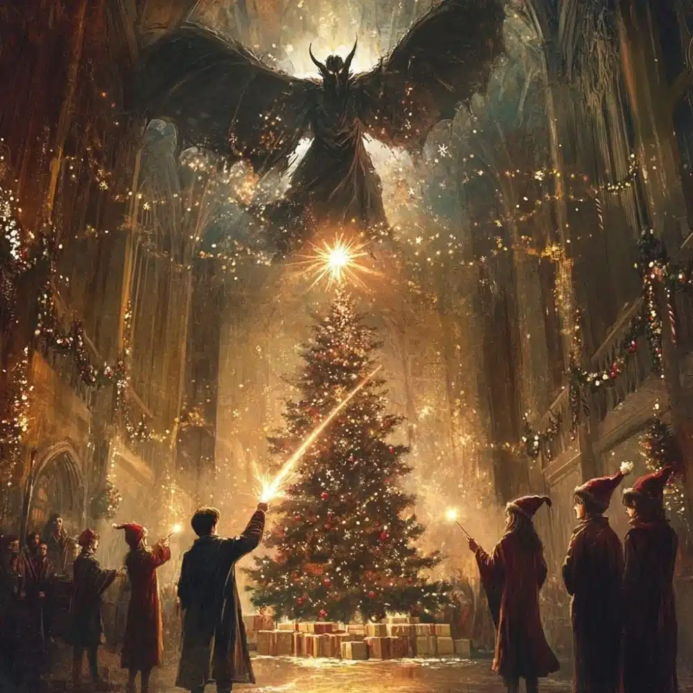 Harry Potter con el arbol de navidad y un dementor en hogwarts