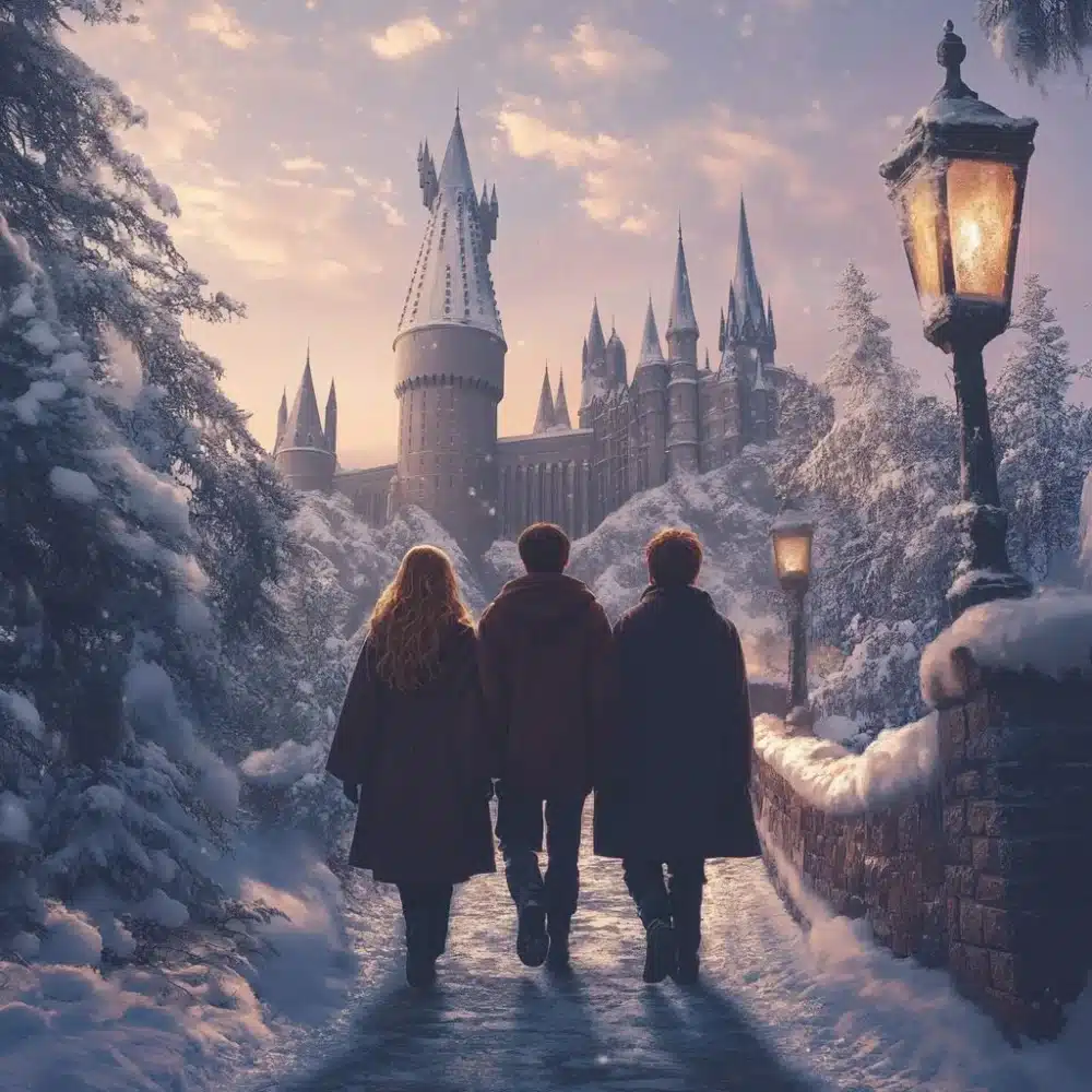 Harry Potter con gafas redondas y entrecerrando los ojos ante un pequeno monton de regalos