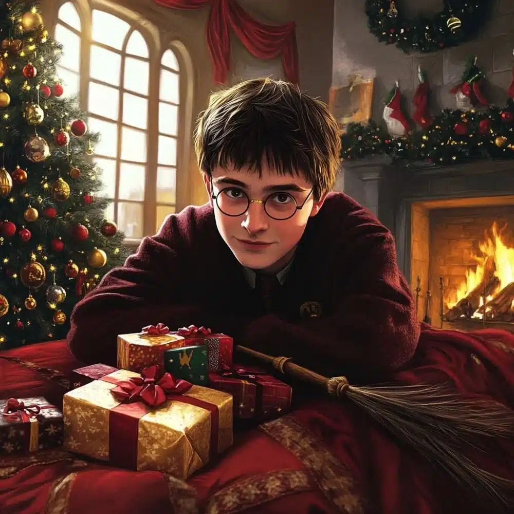 Harry Potter con gafas redondas y entrecerrando los ojos ante un pequeno monton de regalos navidenos