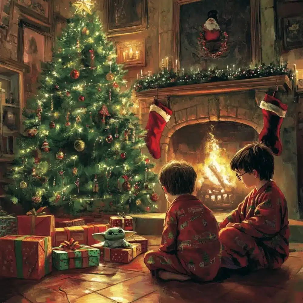 Harry Potter con pijama delante del arbol de navidad 1
