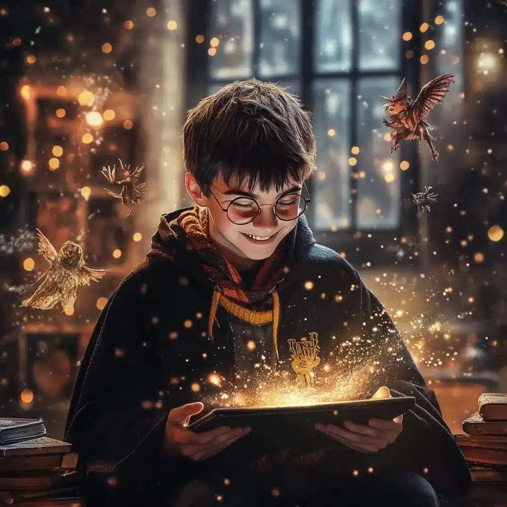 Harry Potter de 15 anos se sienta y sonrie con una linda sonrisa con una tunica negra un sombrero seleccionador y una bufanda de Gryffindor