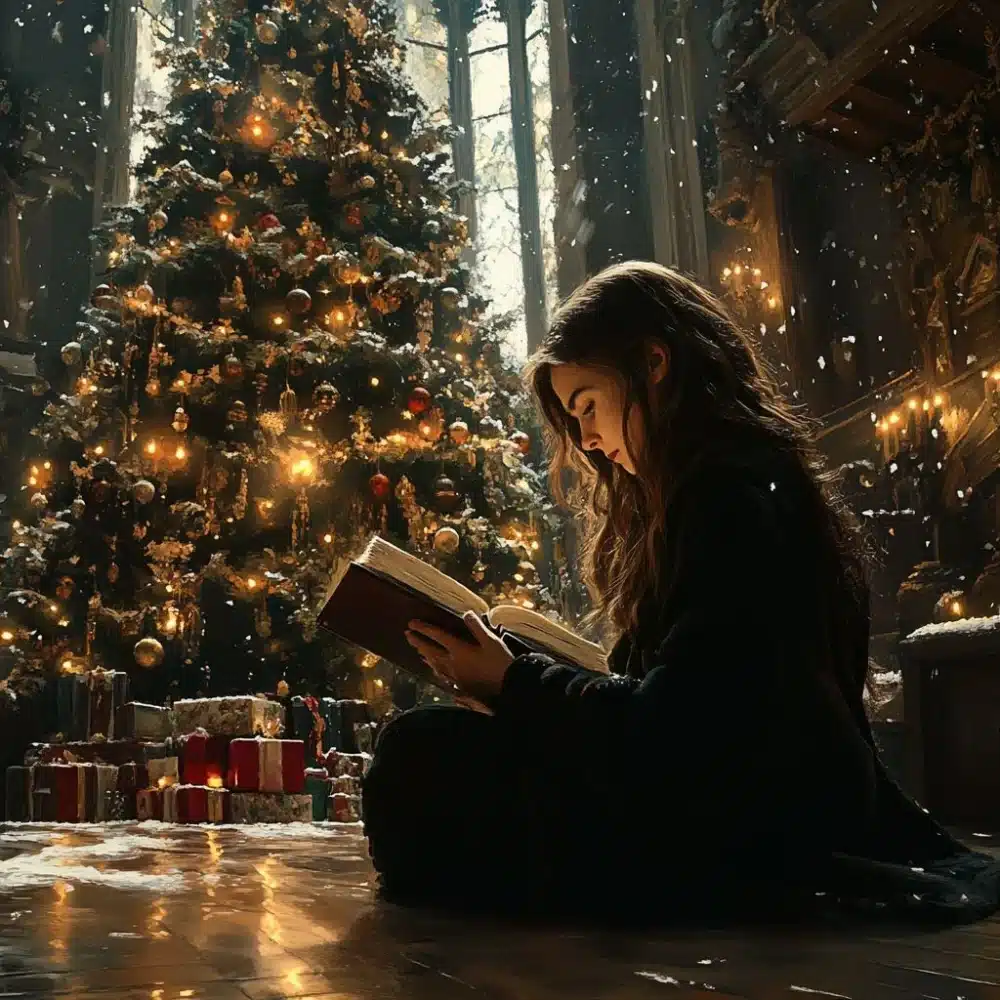 Hermione Granger sentada con las piernas cruzadas en el suelo junto a un imponente y bellamente decorado arbol de Navidad en el Gran Comedor