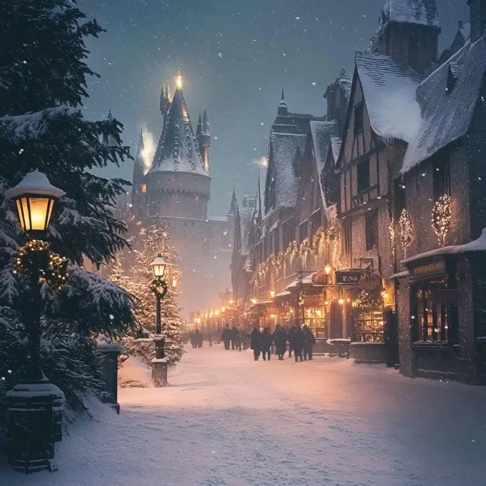 Hogwarts durante una tormenta de nieve en Nochebuena