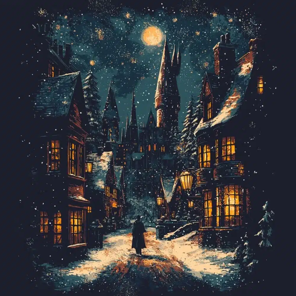Hosmeade estilo navideno con hogwarts de fondo