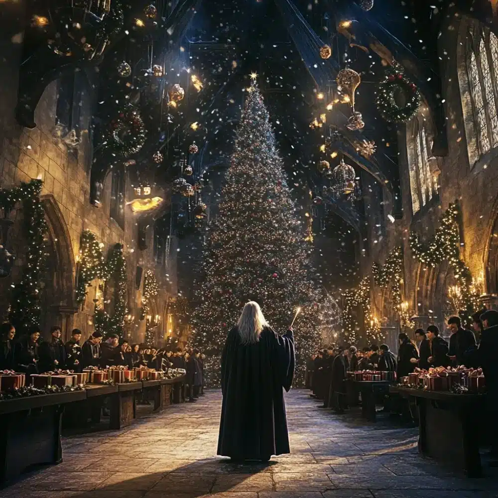 dumbledore con su magia y el gran arbol navideno en hogwarts