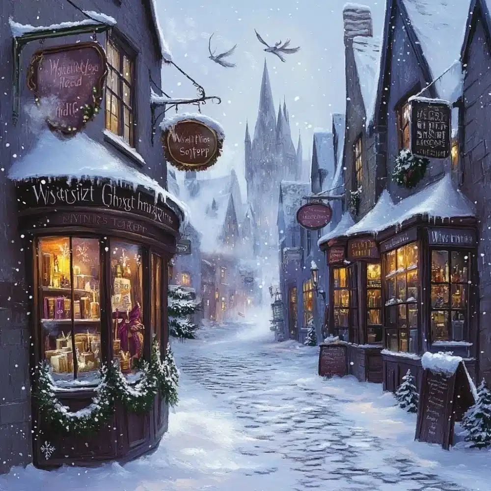 escena magica de invierno en un callejon de un pueblo magico cubierto de nieve al anochecer