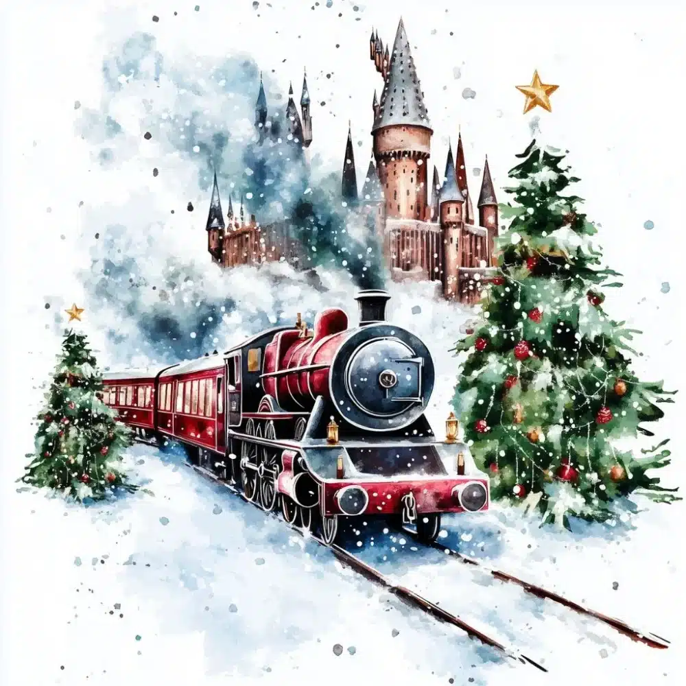 expreso de Hogwarts en la nieve junto al castillo de Hogwarts