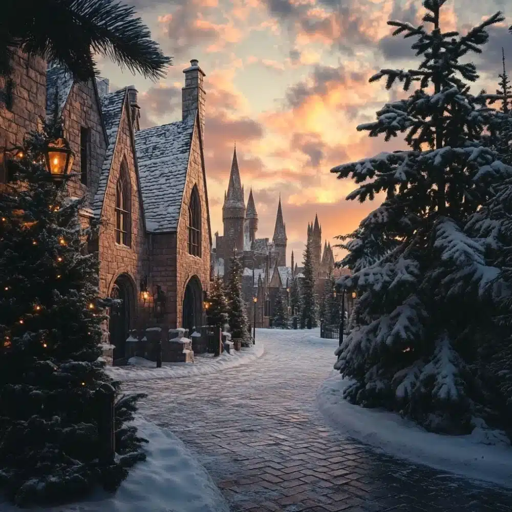 nvierno terrenos de Hogwarts hermoso acogedor luz suave tarde ladrillo pinos