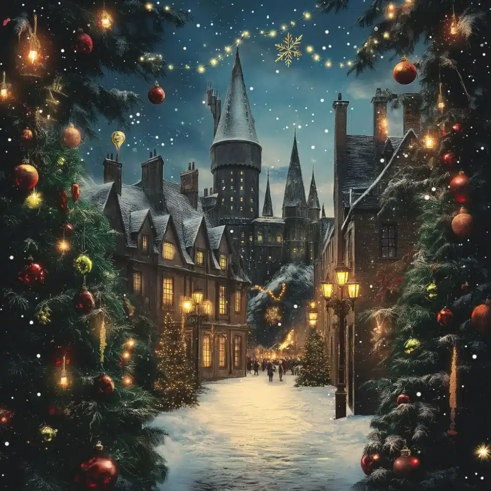 poster de invitacion con tematica de Harry Potter para una fiesta de Navidad