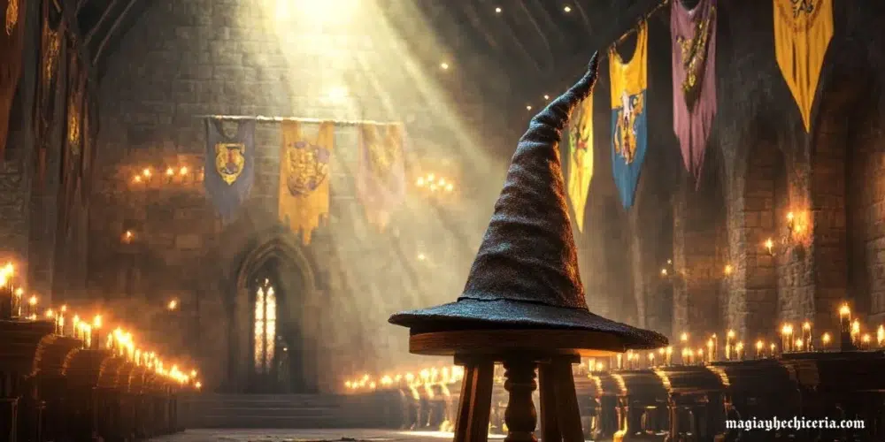 Ilustración del Sombrero Seleccionador de Hogwarts bajo luz mágica, rodeado de los escudos de Gryffindor, Slytherin, Ravenclaw y Hufflepuff