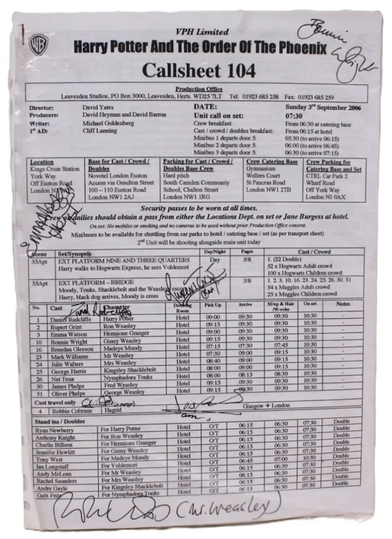 subasta harry potter foto del set documento