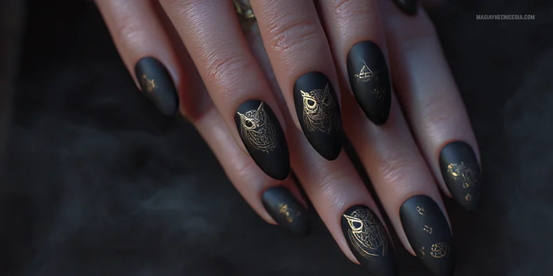 unas negras de harry potter con BUHO DORADo