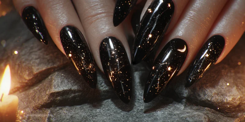 unas negras de harry potter con constelacion brillante