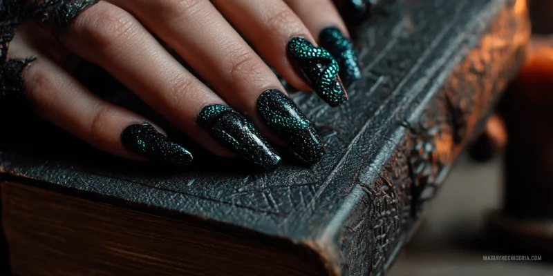 unas negras de harry potter con serpiente verde